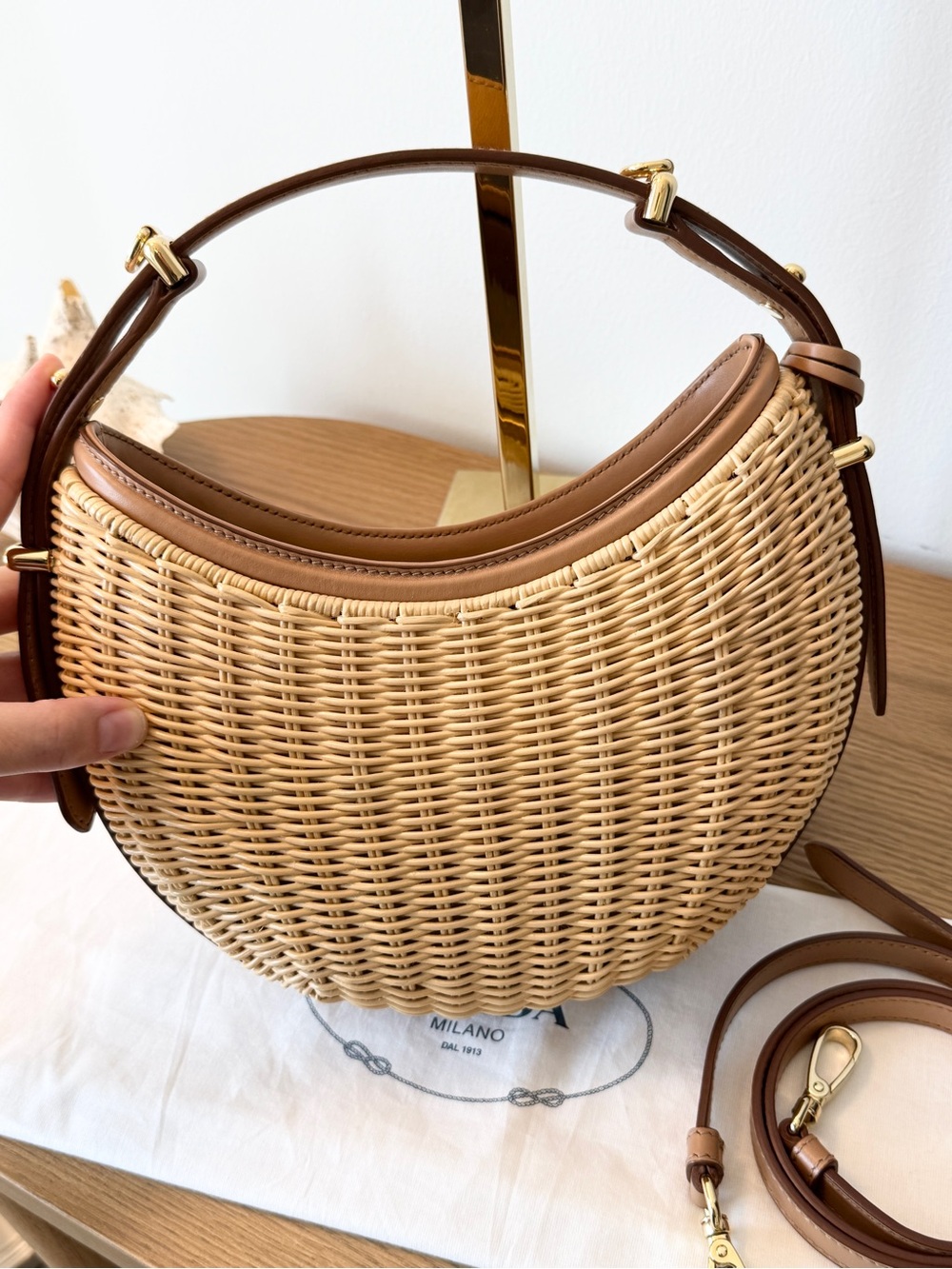 PRADA Wicker and Leather Arqué Top Handle Bag - Picture 9 of 16